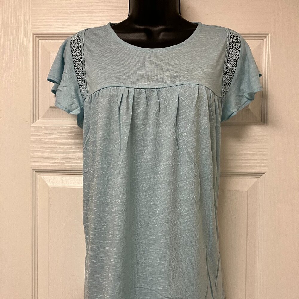 Bohemian Top Women's Boho Shirt Crochet Eyelet Flutter Sleeve Soft LARGE